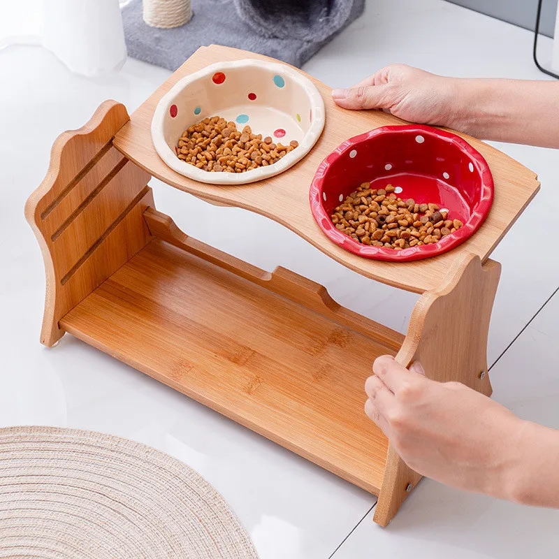 Cute Pets Double Bowl Dog Cat Food Water Feeder Stand Raised Ceramic Dish Bowl Wooden Table Pet 4000562098190