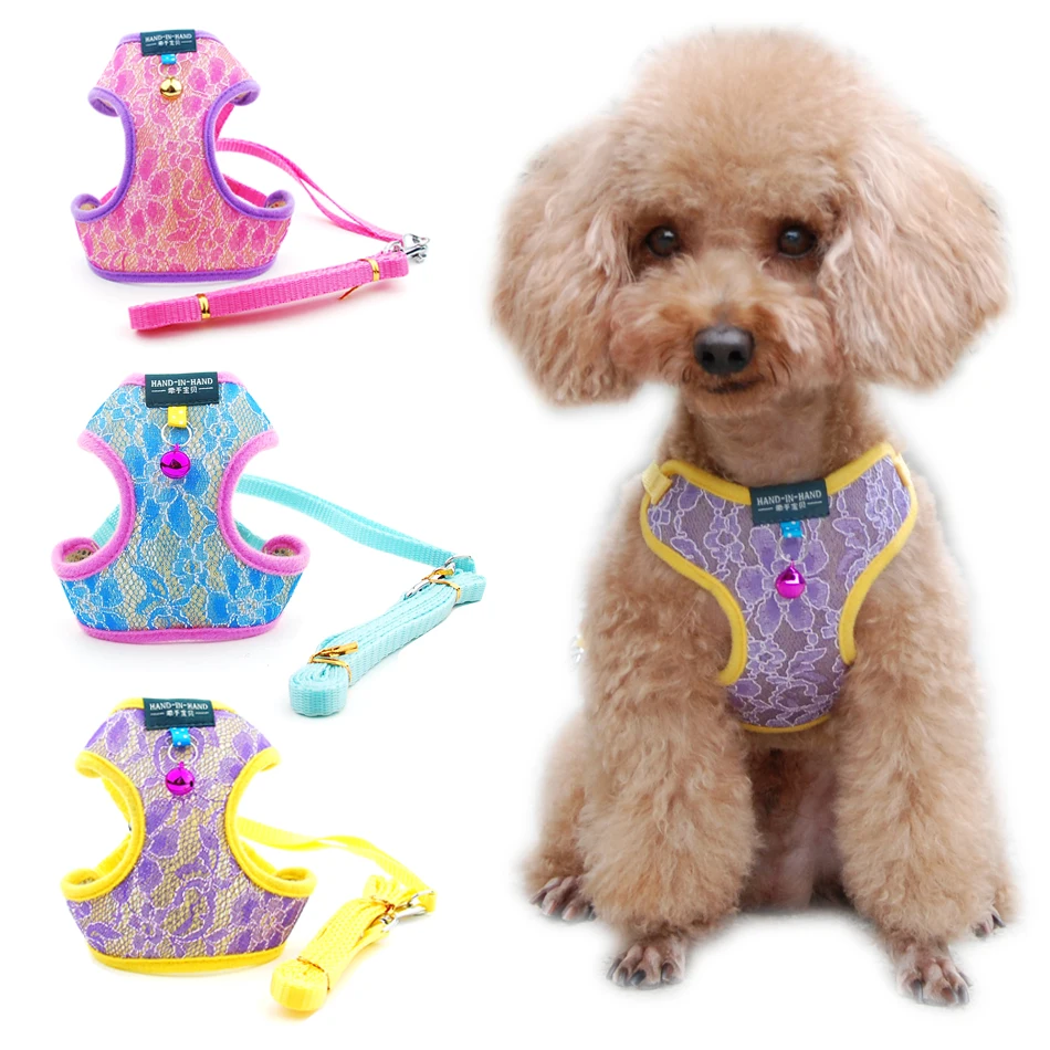 Dog Cat Lace Harness Vest Pet Products Adjustable with Bell Walking Lead Leash Puppy Polyester Mesh 4000640749908