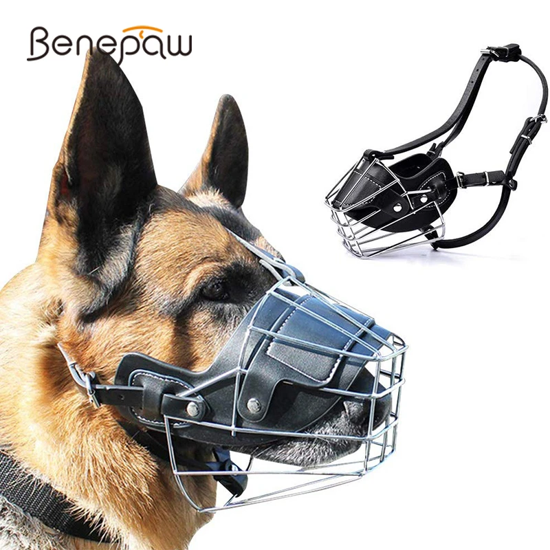 Benepaw Anti-Bite Large Dog Muzzle Wire Basket Metal Mask Adjustable Leather Straps Pet Mouth Cover 4000726036849