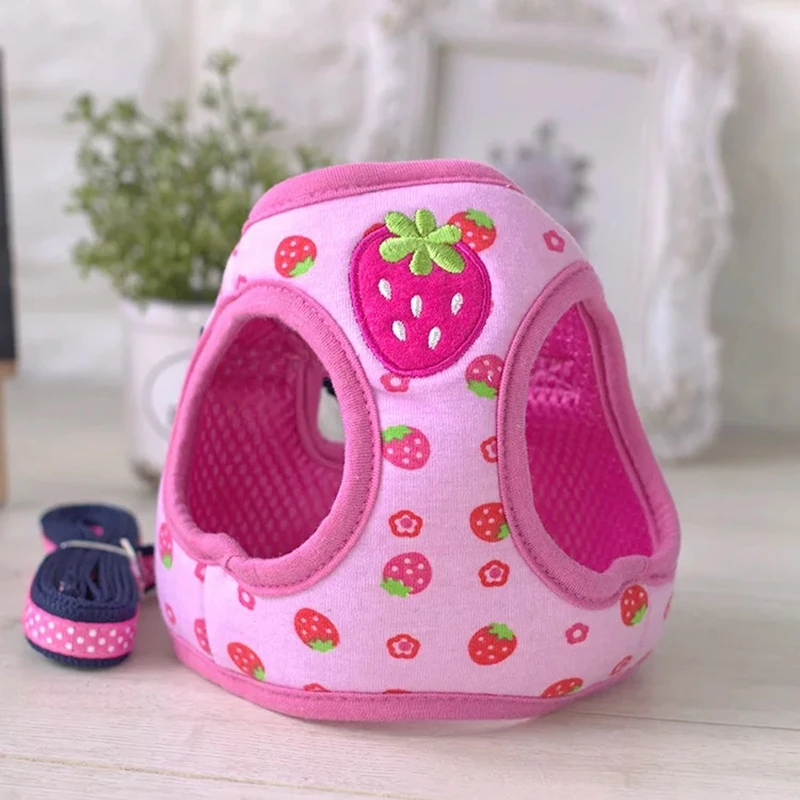 Cute Dog Harness Vest Pink Blue Yellow Strawberry Pet Collar and Leash Set Soft Adjustable Designer 4000812426393