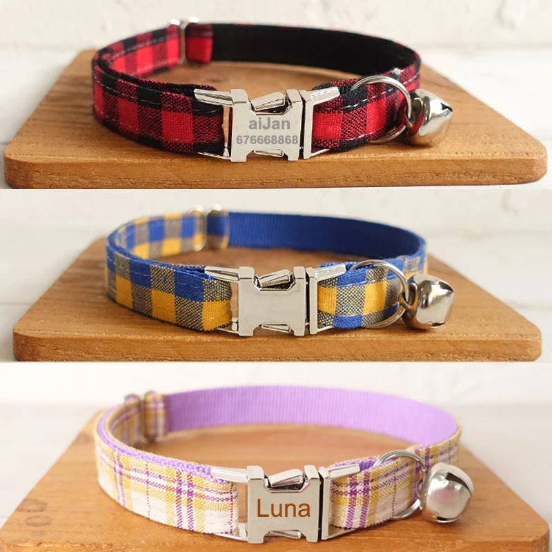 Cat Collar Name Personalized Kitten Collars with Bell Adjustable Plaid Collar for Cat Necklace Tag 4001109143485