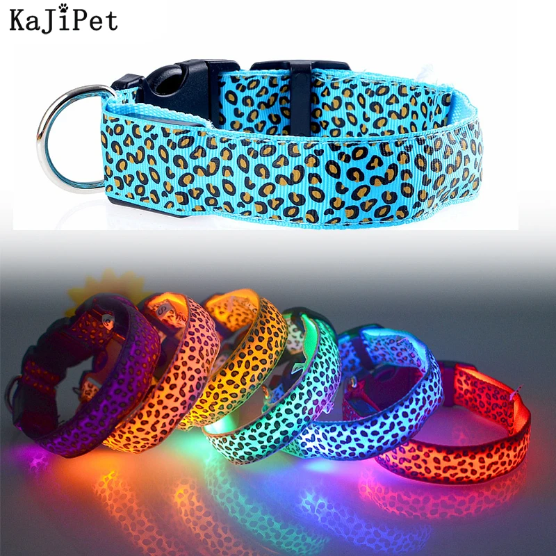 Leopard LED Dog Collar Luminous Adjustable Glowing Collar for Dogs Pet Night Safety Nylon Collar 4001321601390